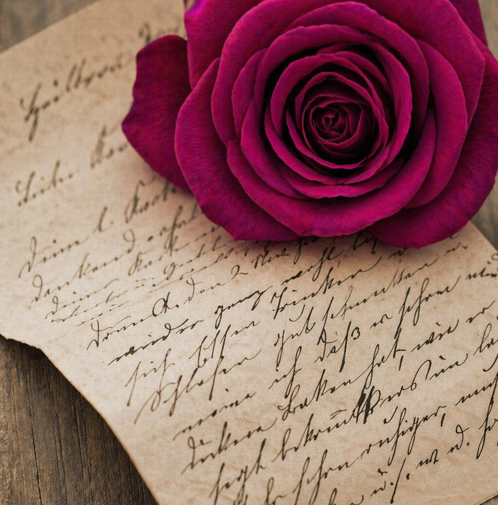 Plum magenta rose resting on a handwritten love letter on a rustic wooden surface