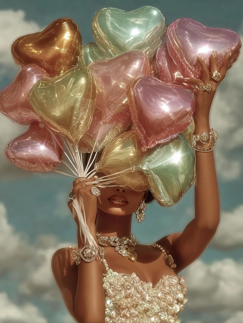 black woman celebrating with soft pastel colored, heart-shaped balloons