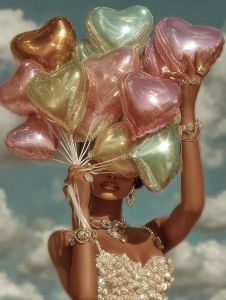 black woman celebrating with soft pastel colored, heart-shaped balloons