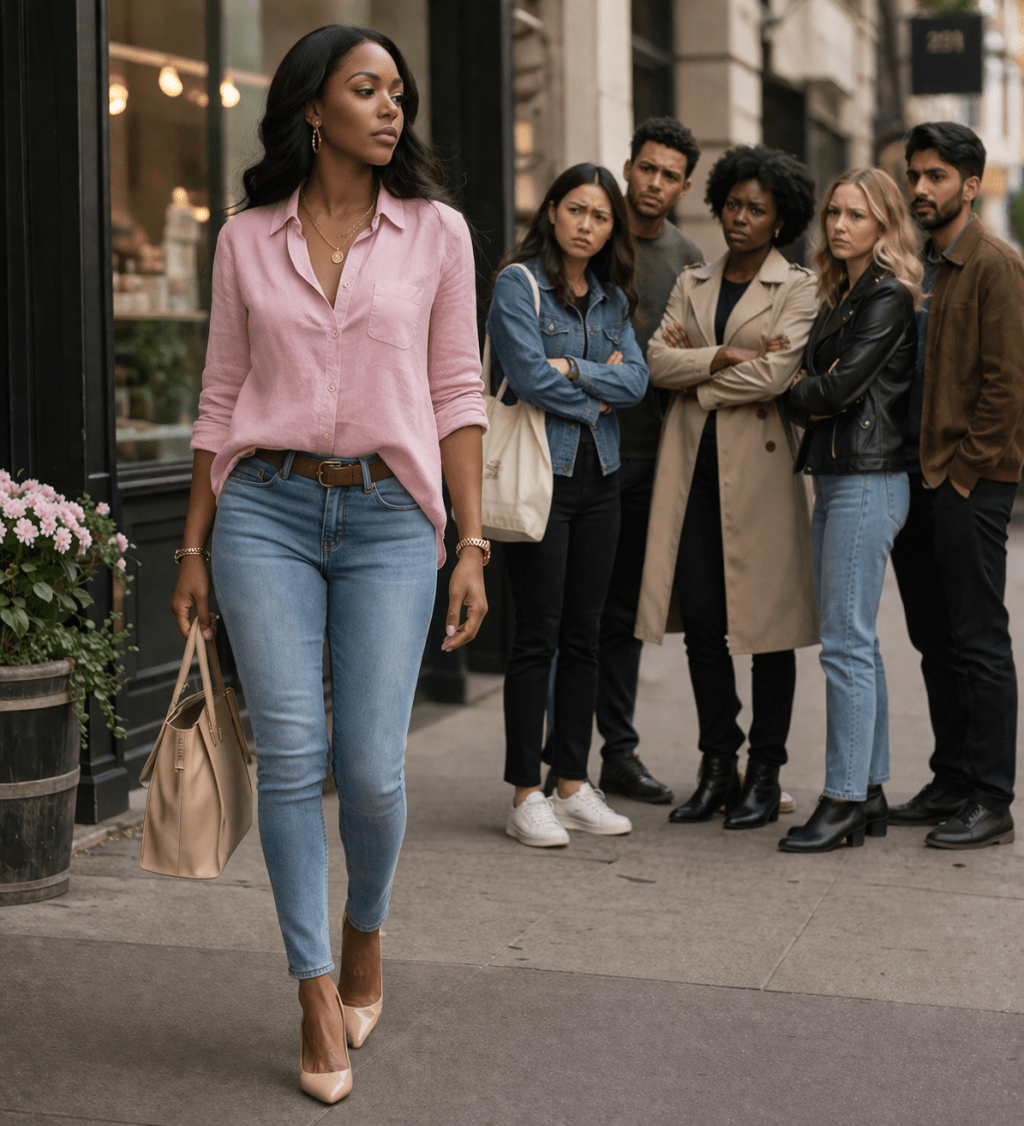 Confident woman in soft pink walking away from negativity, symbolizing emotional boundaries, self-worth, and choosing peace