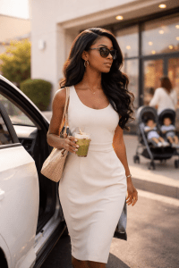 Stylish woman stepping out of her car with a matcha while a mother pushes a stroller in the background