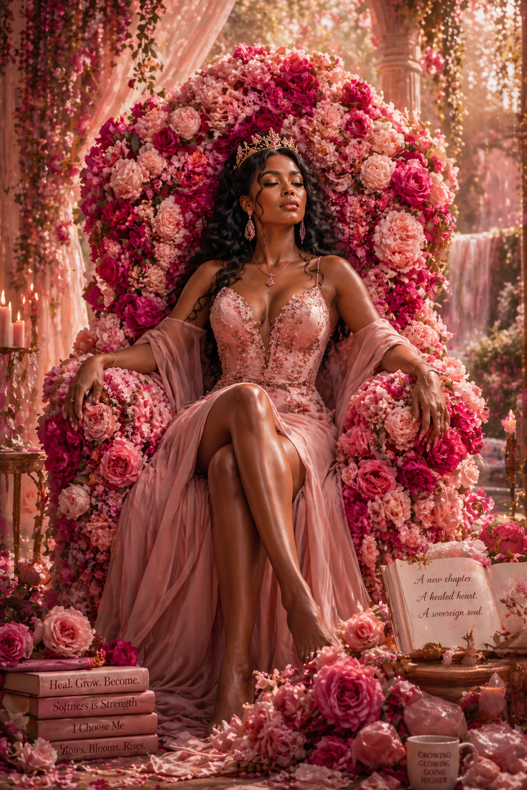 Brown-skinned woman in a blush satin gown seated on a throne of pink and fuchsia roses, wearing a crown in a soft, romantic garden setting