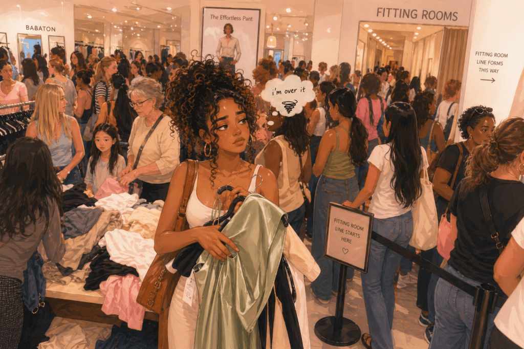 A crowded mall clothing store with a long fitting room line as a curly-haired woman holds a sage green satin dress and looks overwhelmed