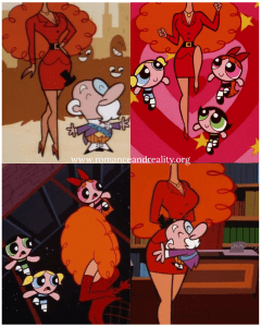 Collage of Ms. Sara Bellum from The Powerpuff Girls in a red skirt suit and heels, depicted as a tall, elegant woman with voluminous orange hair, surrounded by the Powerpuff Girls and the Mayor, highlighting her poised, intelligent, and commanding feminine presence.