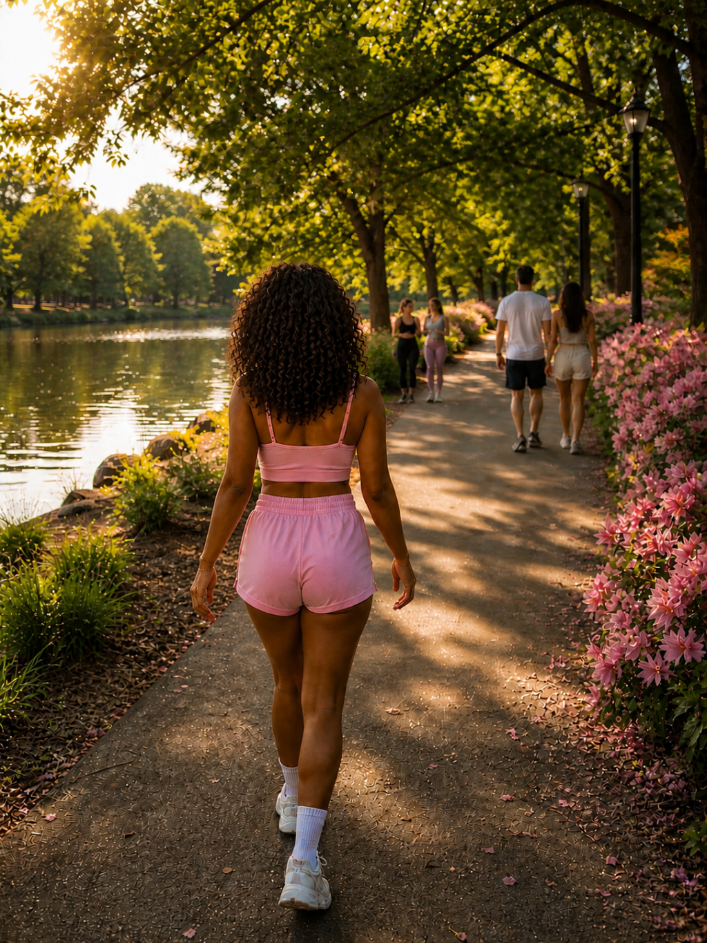 Woman in pink athleisure walking along a sunny park path by a lake with trees and flowers, capturing a peaceful and slow living moment.