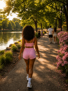 Woman in pink athleisure walking along a sunny park path by a lake with trees and flowers, capturing a peaceful and slow living moment.