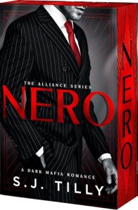 Book cover of Nero by S.J. Tilly featuring a man in a black pinstripe suit with a red tie against a dark background with bold red lettering and mafia-inspired styling.