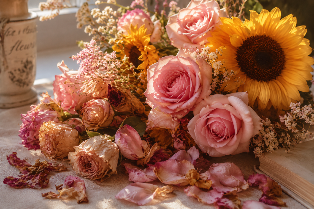 Soft pink roses and bright sunflowers resting beside wilted petals in warm golden light, symbolizing love, growth, healing, and emotional change.