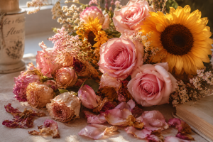 Soft pink roses and bright sunflowers resting beside wilted petals in warm golden light, symbolizing love, growth, healing, and emotional change.
