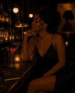 Illustrated portrait of an elegant Black woman in a black dress sitting alone at a dimly lit cocktail bar, gazing thoughtfully into the distance beside a cosmopolitan martini and journal, embodying reflection, self-discovery, and quiet feminine strength.