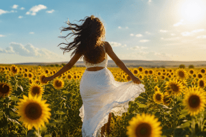 A woman wearing a flowing white dress runs freely through a vibrant sunflower field beneath a bright blue sky on a sunny summer day, symbolizing authenticity, healing, and freedom from mental and emotional constraints.