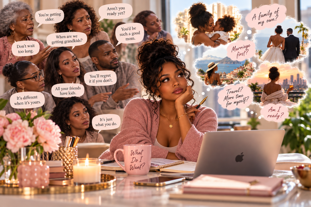 Woman thoughtfully deciding whether to have children while surrounded by family and societal pressure, with floating quotes about motherhood, marriage, aging, and having kids.