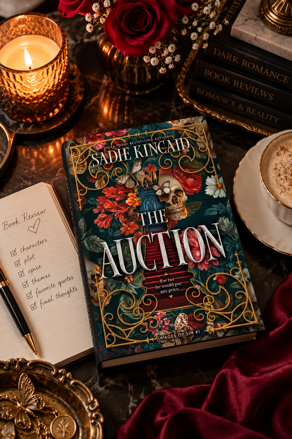 Book cover of The Auction by Sadie Kincaid, a dark romance novel featuring ornate gold detailing, red flowers, butterflies, a skull, and a red staircase against a dark teal background.